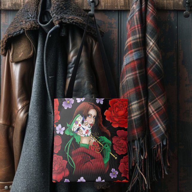 Bolsa Tote Mulher Elegante Máscara Veneziana Vermelho Verde (Criador carregado)