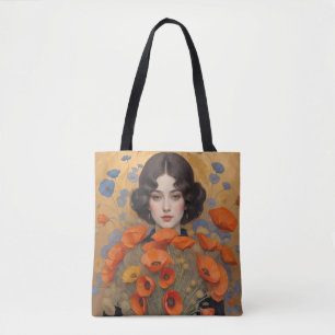 Bolsa Tote Mulher Elegante segurando Buquê de flores de papoi