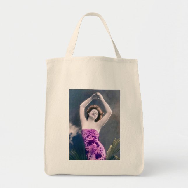 Bolsa Tote mulher em sarong roxo, braços levantados como se d (Frente)