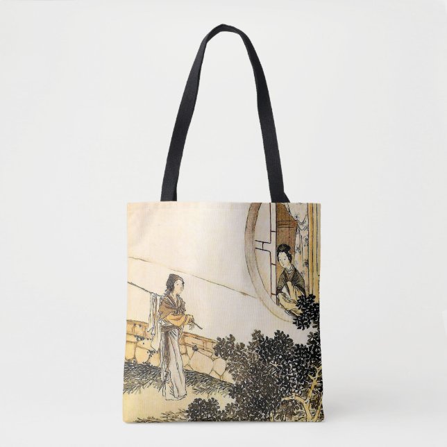 Bolsa Tote Mulher japonesa na janela da lua impressão de vint (Frente)