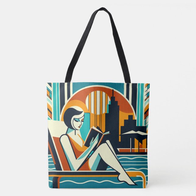 Bolsa Tote Mulher Lendo Livro Poolside Art Design (Frente)