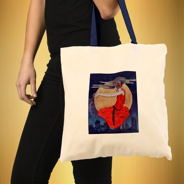 Bolsa Tote Mulher Mágica Misteriosa na Banda da Lua (Magical woman floating in night sky over city lights on tote bag.)