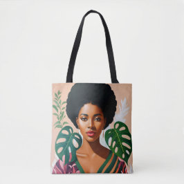 Bolsa Tote Mulher Negra Afro Monstera Deliciosa Botânica