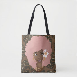 Bolsa Tote Mulher Negra, Afro-Rosa, Padrão Folha, Castanho