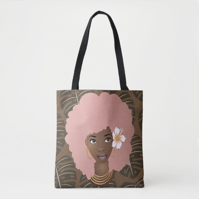 Bolsa Tote Mulher Negra, Afro-Rosa, Padrão Folha, Castanho (Frente)