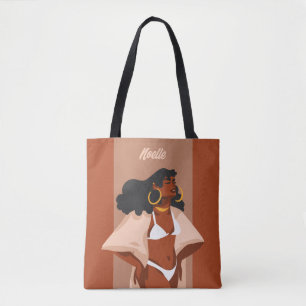 Bolsa Tote Mulher Negra, Bikini Branco, Pronta para Praia, Ca