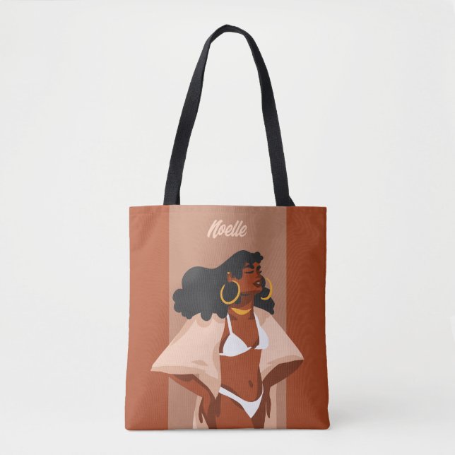 Bolsa Tote Mulher Negra, Bikini Branco, Pronta para Praia, Ca (Frente)