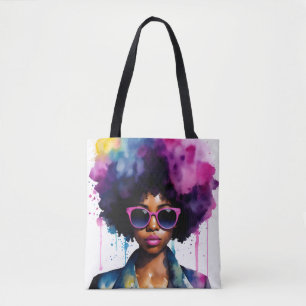 Bolsa Tote Mulher Negra Cabelo Afro e Óculos Solares Arte Arc