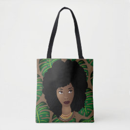 Bolsa Tote Mulher Negra, Cabelo Natural, Folhas Verdes, Casta
