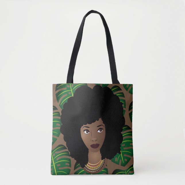 Bolsa Tote Mulher Negra, Cabelo Natural, Folhas Verdes, Casta (Frente)