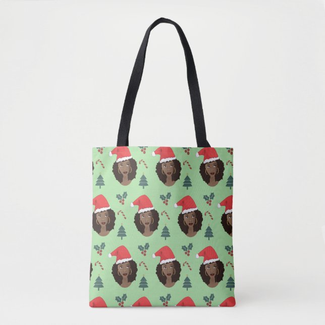 Bolsa Tote Mulher Negra, Chapéu Santa, Padrão de Natal Verde (Frente)
