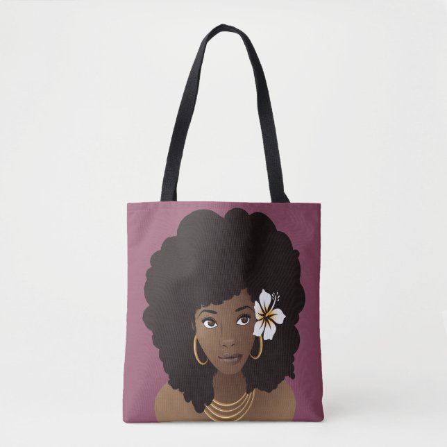 Bolsa Tote Mulher Negra com Flor no Cabelo, Roxa (Frente)