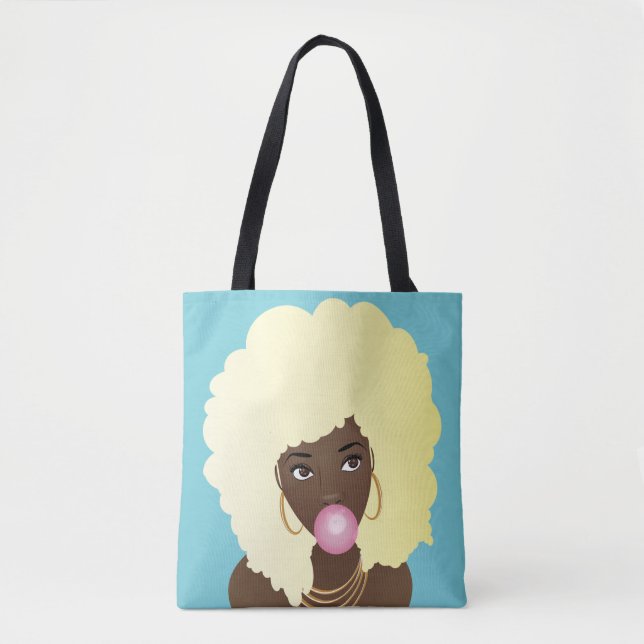 Bolsa Tote Mulher Negra, Loura Afro, Bublegum Rosa, Azul (Frente)