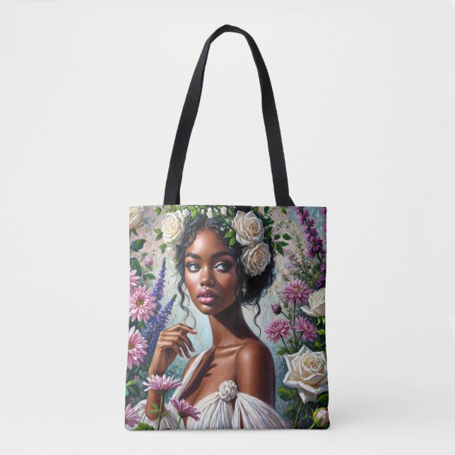 Bolsa Tote Mulher Negra Virgo com Rosas e crisântemos (Frente)