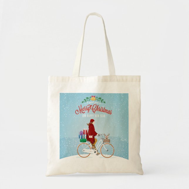 Bolsa Tote Mulher numa Bicicleta no Natal (Frente)