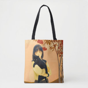 Bolsa Tote Mulher segurando um gato preto no outono