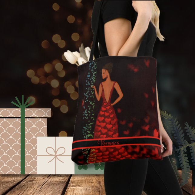 Bolsa Tote Mulher Whimsical em Saco Vermelho (Modern tote bag with woman in red dress)
