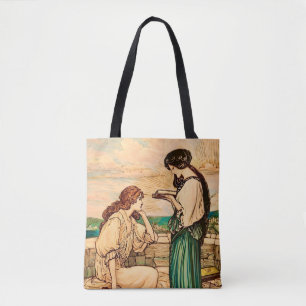 Bolsa Tote Mulheres Vintage Art Nouveau Lendo à Beira-Mar 