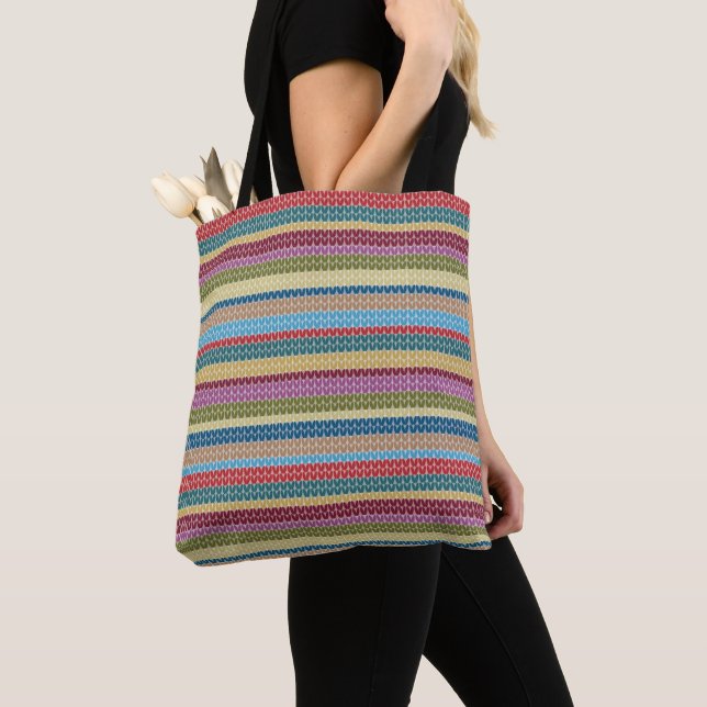 Bolsa Tote Multi-Colored Knitted Style Striped (Close Up)