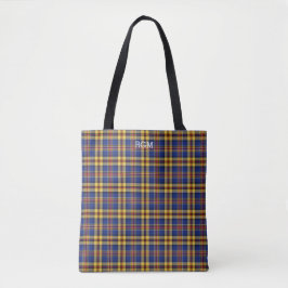 Bolsa Tote Murtaugh Clan Tartan Blue e Dourado Monograma Xadr