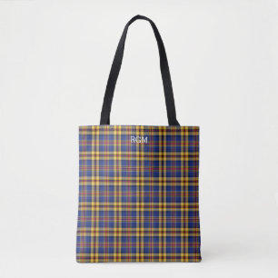 Bolsa Tote Murtaugh Clan Tartan Blue e Dourado Monograma Xadr