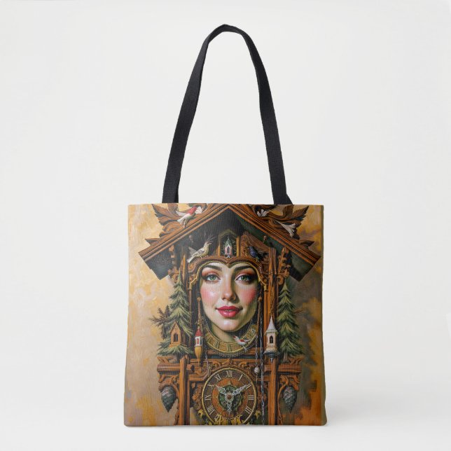 Bolsa Tote “Musa Atemporal” – Um Retrato de Relógio Cuco (Frente)