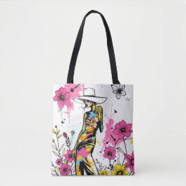 Bolsa Tote Musa em Flor: Arte de Grafite Riso de Duas Faces