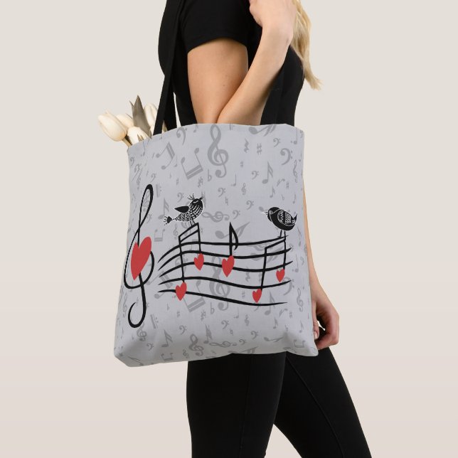 Bolsa Tote Música Adoram Pássaros em Notas Musicais de Cinza (Close Up)