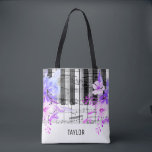 Bolsa Tote música de flores roxas azuis<br><div class="desc">nome personalizado notas de música floral saco de piano</div>