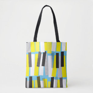 Bolsa Tote Música de jazz, padrão geométrico azul-amarelo.