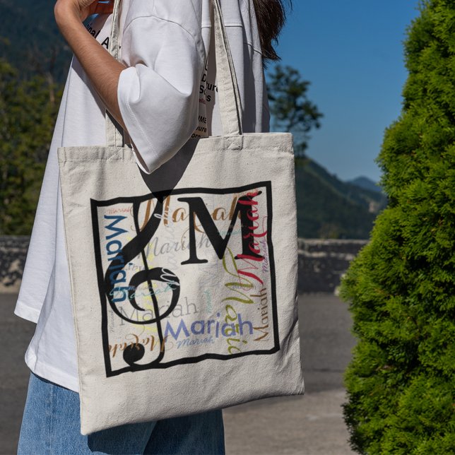 Bolsa Tote Música: nota musical. treble clef com seu nome (Criador carregado)