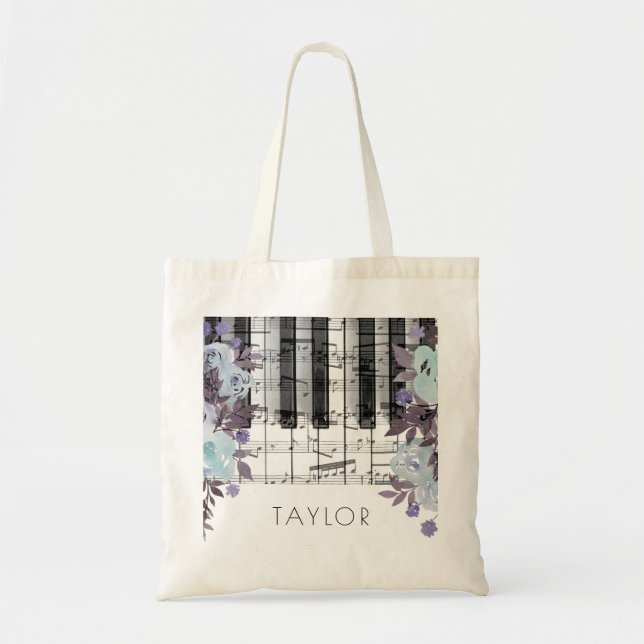 Bolsa Tote música piano azul aquarela (Frente)