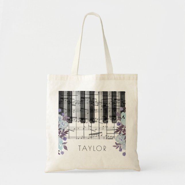 Bolsa Tote música piano azul nome floral (Frente)