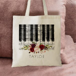 Bolsa Tote música piano burgundy nome floral<br><div class="desc">saco de nomes personalizados para piano floral de música</div>
