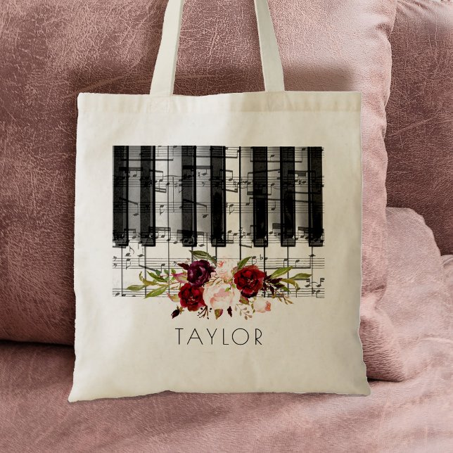 Bolsa Tote música piano burgundy nome floral (Criador carregado)
