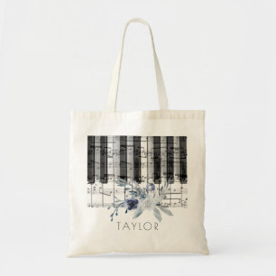 Bolsa Tote música piano empoeirado azul nome floral tote saco