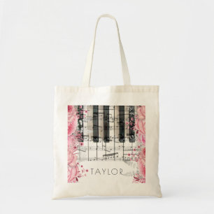 Bolsa Tote música piano flores cor-de-rosa nome tote bag