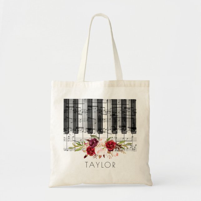 Bolsa Tote música piano marsala floral (Frente)
