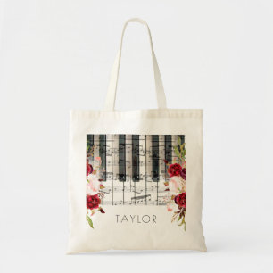 Bolsa Tote música piano marsala flores nome