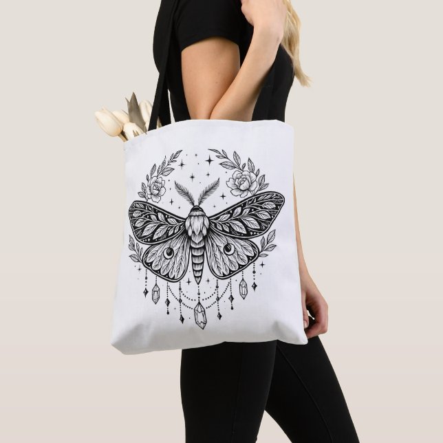 Bolsa Tote Mystical Gothic Moth Botanical Celestial Line Art  (Close Up)