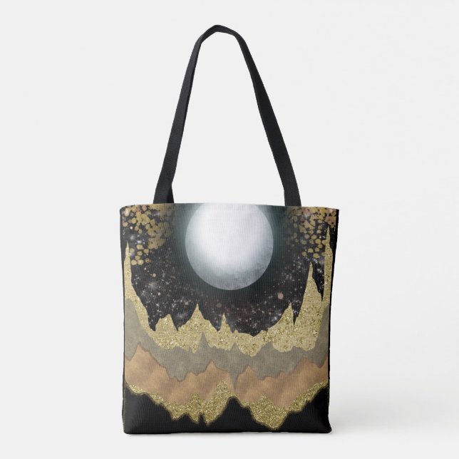 Bolsa Tote Mystical Moon Dourado Mountures Landscape Modern G (Verso)