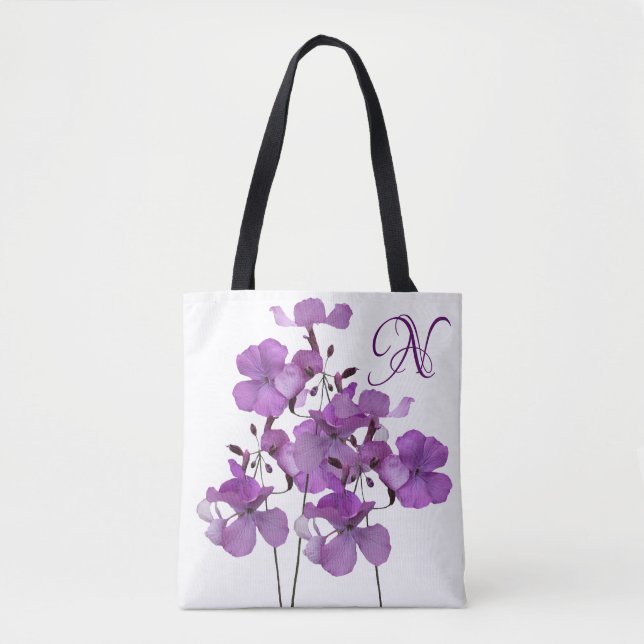 Bolsa Tote N monograma bonito praça floral roxa (Frente)