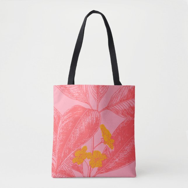 Bolsa Tote Na moda Botânica Folha Natureza Arte Rosa e Vermel (Frente)