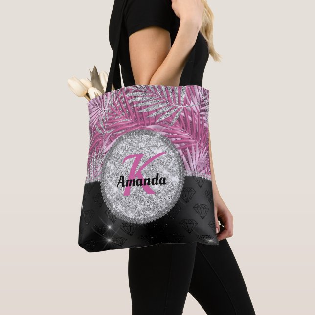 Bolsa Tote Na moda cinza-rosa-prateada deixa monograma (Close Up)