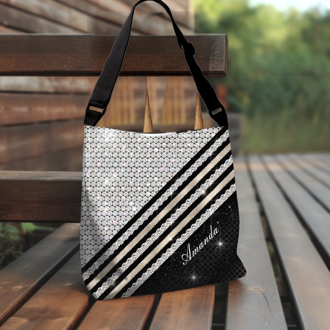 Bolsa Tote Na moda faux Crystal prata e Black Personalizado (Criador carregado)