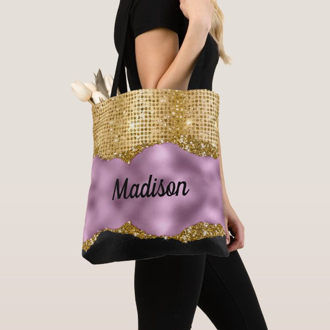 Bolsa Tote Na moda faux Glitter Violet Dourado monograma negr (Close Up)