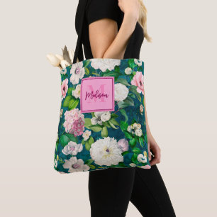 Bolsa Tote Na moda floral flores cor-de-rosa padrão monograma