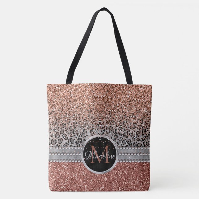 Bolsa Tote Na moda Glitter Leopard Monograma de Dourada Girly (Frente)