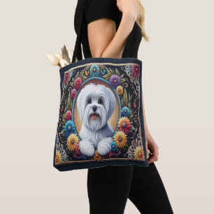 Bolsa Tote Na moda Maltês Cão Floral Colorida Fronteira