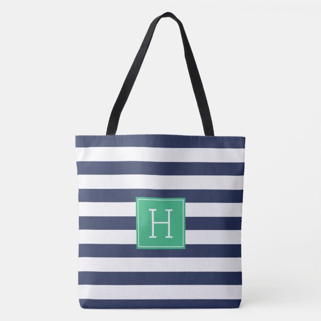 Bolsa Tote Na moda Marinho Blue Stripes e Monograma Verde (Frente)